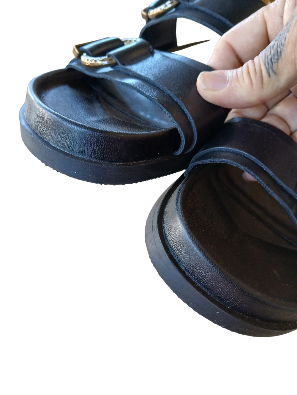 DOLCE VITA Black Double-Strap Slide Sandals with Gold Buckles EUC! - Picture 6 of 10